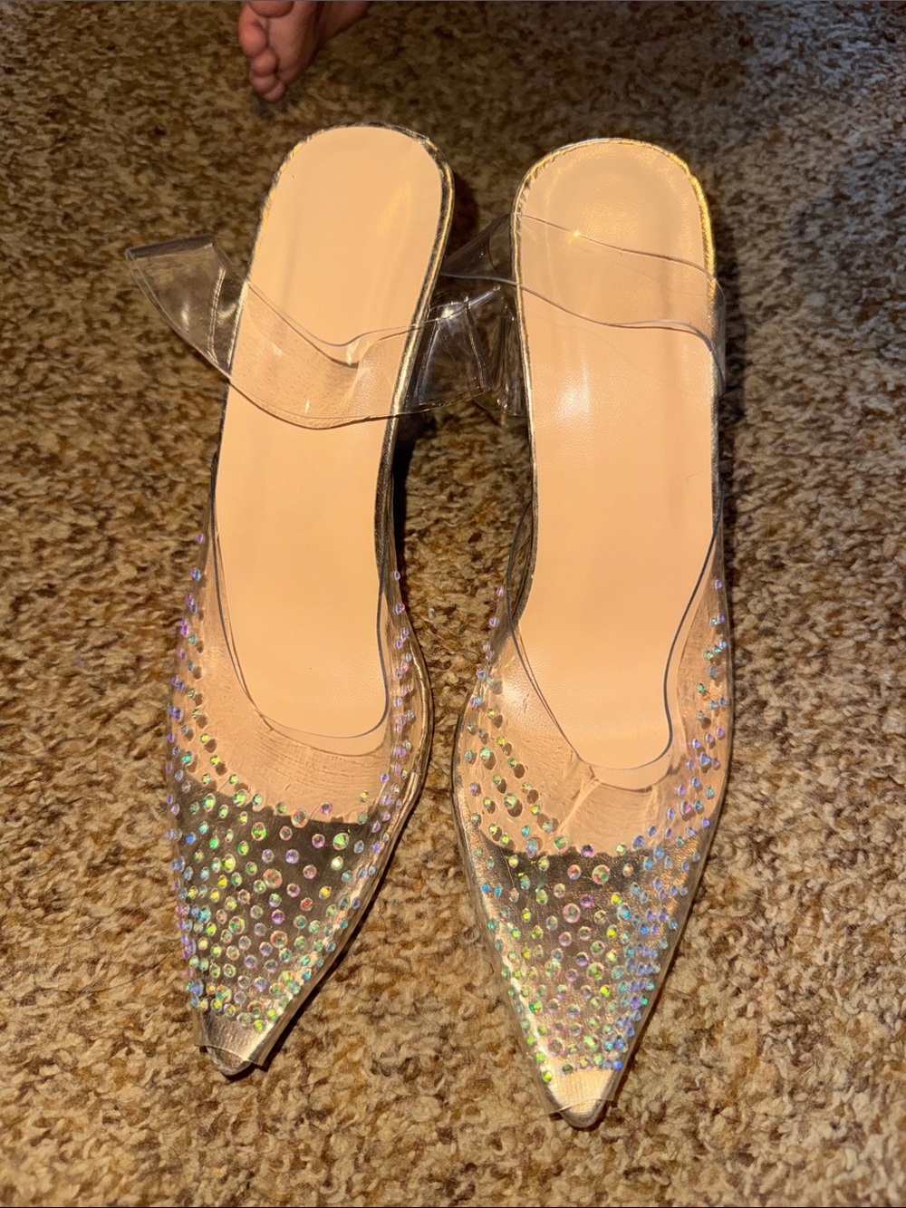Clear Pointed Mule Heels with Crystal Accents - Nude
